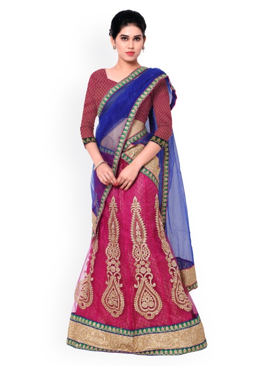 Blue & Magenta Embroidered Net Unstitched Lehenga Choli with Dupatta