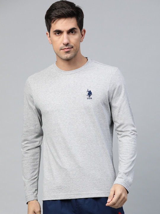 U.S. Polo Assn. Men Grey Melange Solid Pure Cotton Lounge T-shirt