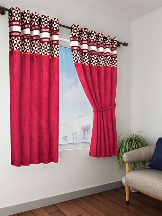 Bianca Maroon & White Set of 2 Black Out Window Curtains