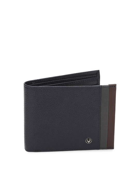 men navy blue textured two fold leather wallet with striped detail