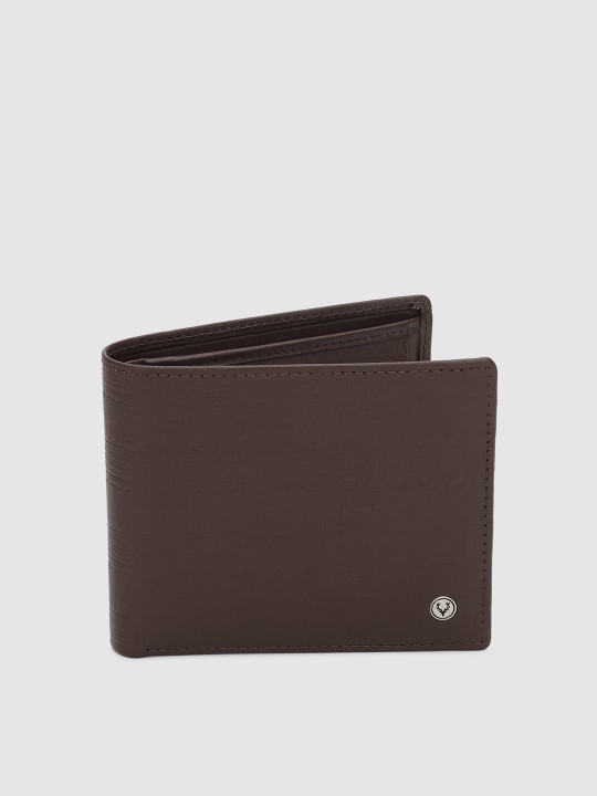 men coffee brown self checked two fold leather wallet