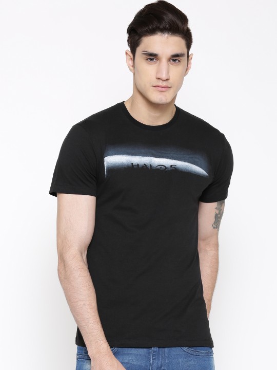 Men Black Printed Round Neck T-shirt S