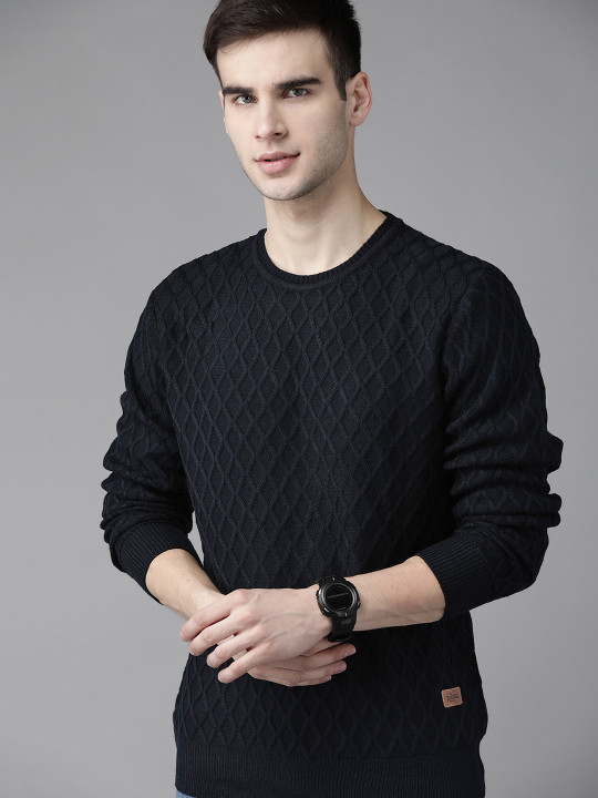 Roadster Men Navy Blue Self-Design Pullover