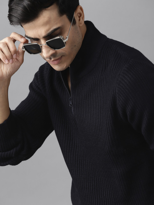 Roadster Men Navy Blue Self-Striped Pullover