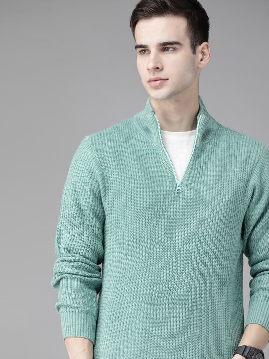 Roadster Men Blue Self Designed Striped Pullover Sweater