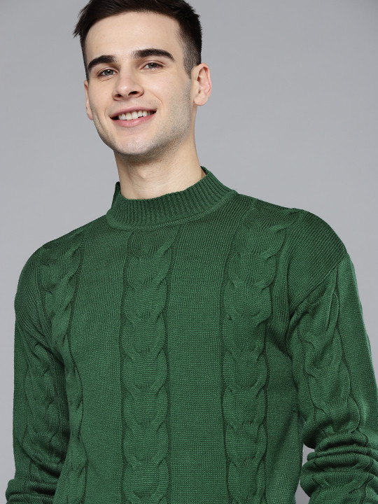 Mast & Harbour Men Green Cable Knit High Neck Pullover