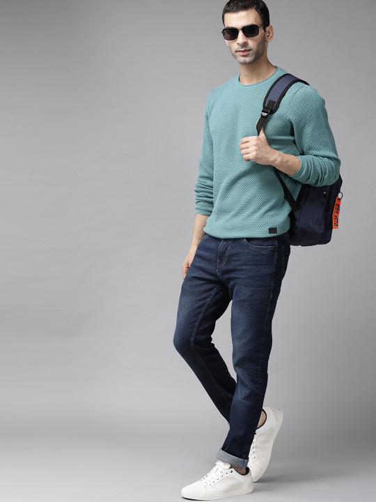 Roadster Men Blue Self-Design Pullover