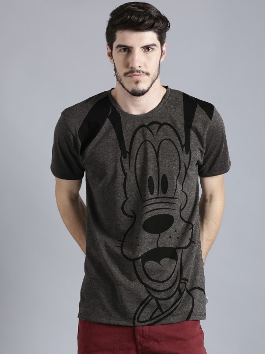 Charcoal Grey Printed Round Neck T-Shirt XS