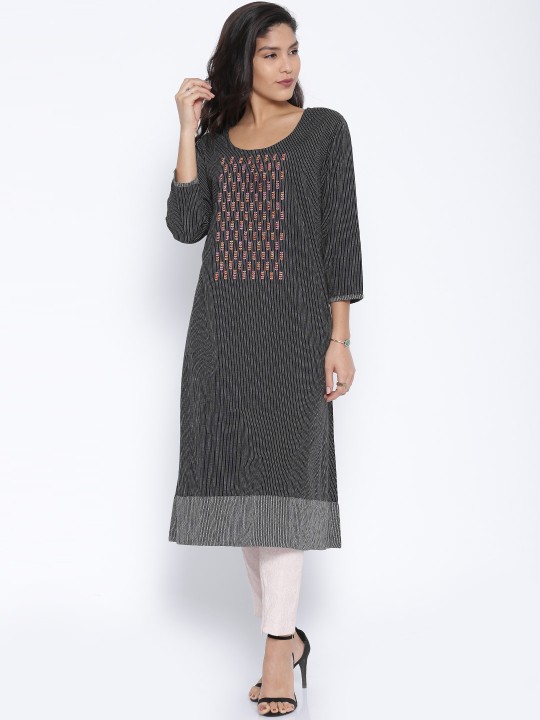 Black Striped Embroidered Handloom Kurta M