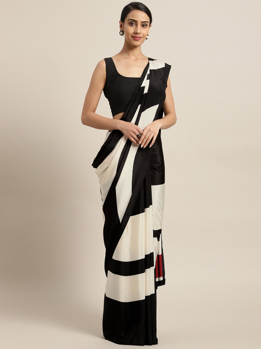 Cream-Coloured & Black Striped Saree