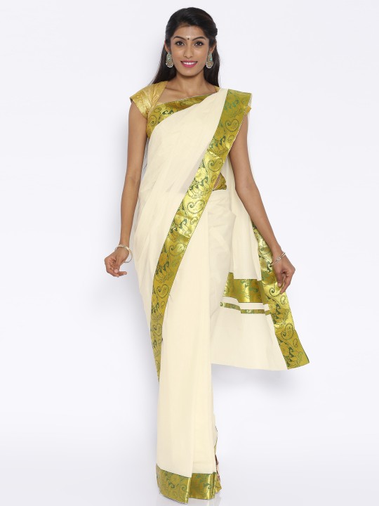 Cream-Coloured & Gold-Toned Cotton Kasavu Traditional Saree