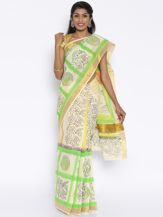 Cream-Coloured & Green Cotton Kasavu Printed Traditional Saree