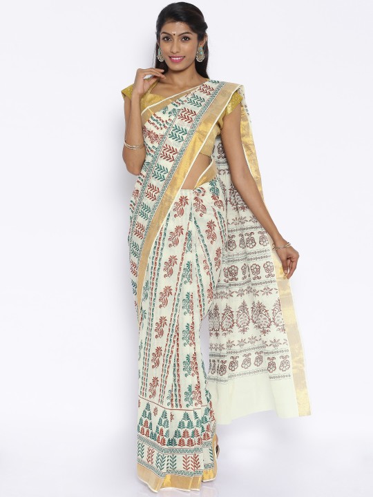 Cream-Coloured Cotton Printed Kasavu Traditional Saree