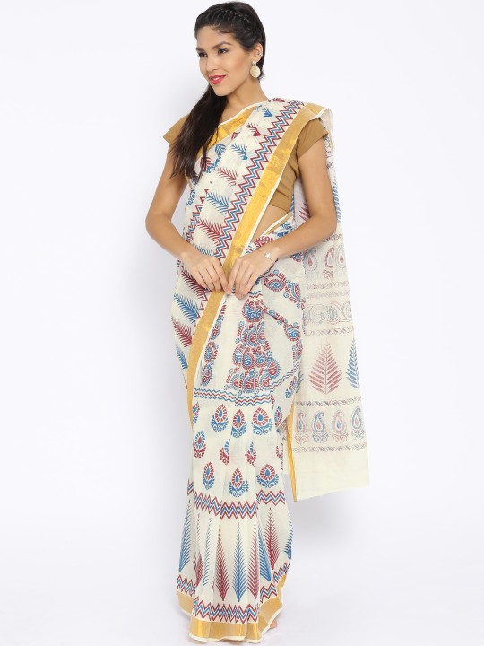 Off-White Hand Blocked Cotton Kasavu Traditional Saree
