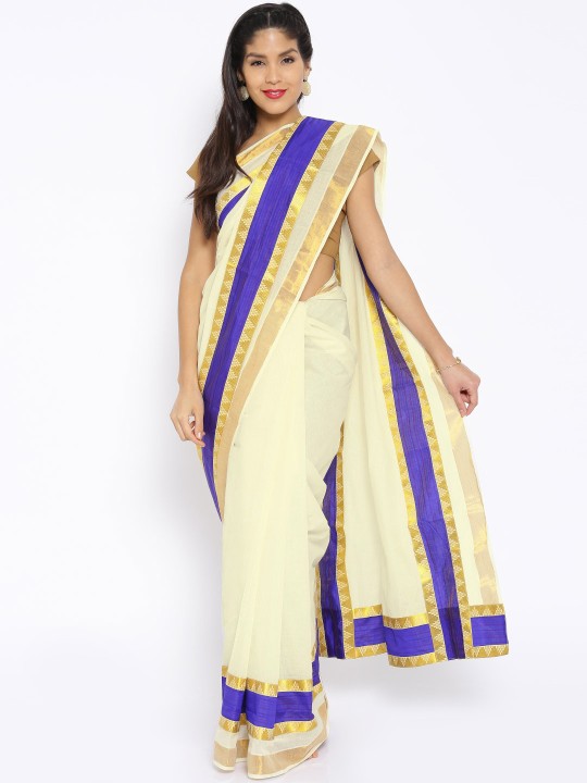 Off-White Cotton Kasavu Traditional Saree