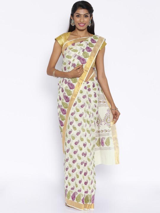 Cream-Coloured Cotton Printed Kasavu Traditional Saree