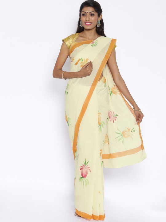 Cream-Coloured & Gold-Toned Cotton Kasavu Printed Traditional Saree