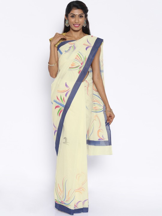 Cream-Coloured Cotton Printed Kasavu Traditional Saree