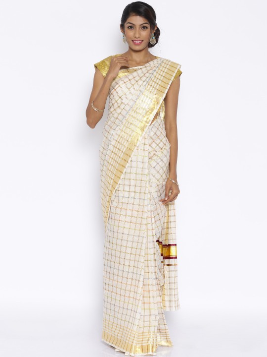 Cream-Coloured & Gold-Toned Cotton Kasavu Traditional Saree