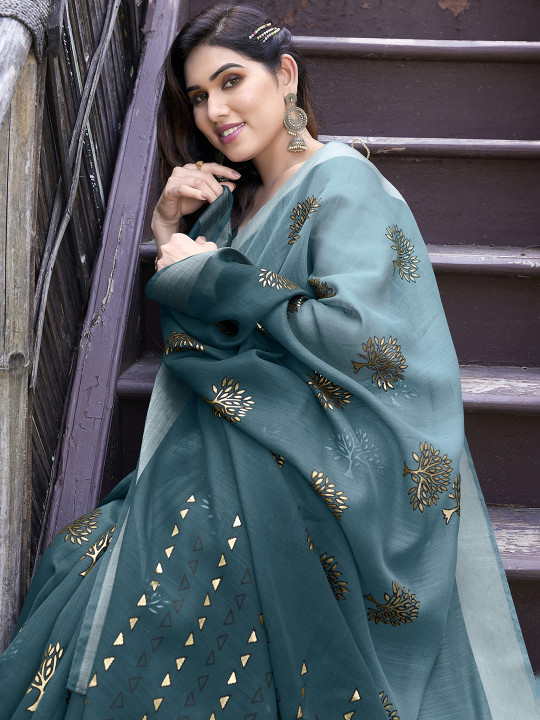 KALINI Turquoise Blue & Gold Ethnic Motifs Bagh Poly Cotton Saree