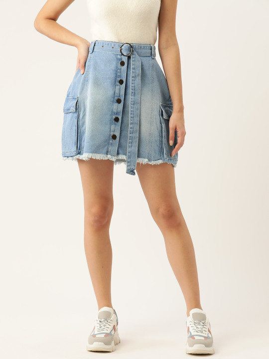 DressBerry Women Blue Pure Cotton Washed Mini Denim A-Line Skirt