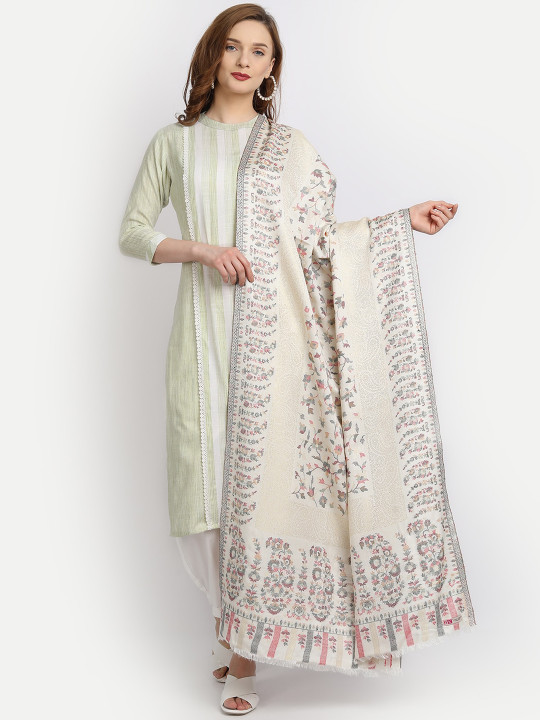 HK colours of fashion Women Off White & Grey Woven- Design Shawl