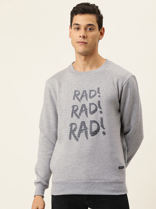 Campus Sutra Men Grey Melange Typography Printed Pullover Sweater