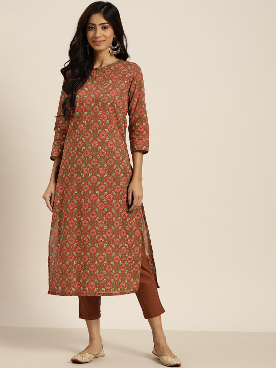 Sangria Women Brown & Pink Motifs Print Cotton Straight Kurta with Trousers