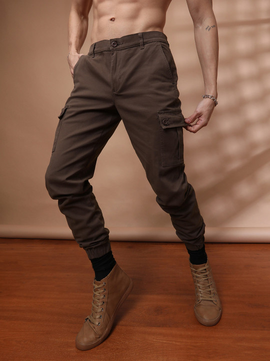 The Indian Garage Co Men Coffee Brown Slim Fit Cargo Joggers