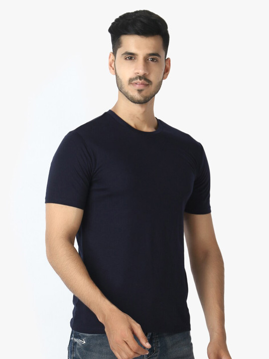 LE BOURGEOIS Men Navy Blue Round Neck Cotton Pure Cotton T-shirt