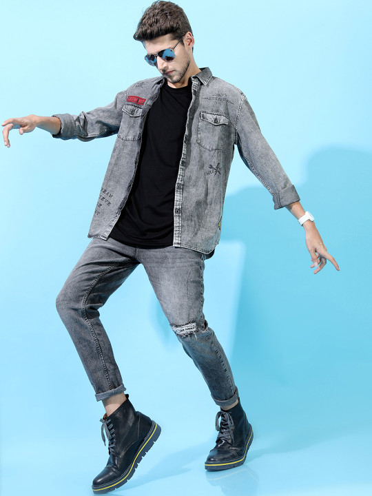 LOCOMOTIVE Men Grey Slim Fit Faded Denim Casual Shirt