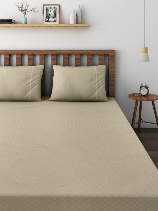 Beige Cotton 400 TC Superfine Fitted Double Bedsheet with 2 Pillow Covers