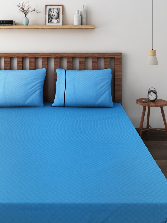 Blue Cotton 400 TC Superfine Fitted Double Bedsheet with 2 Pillow Covers