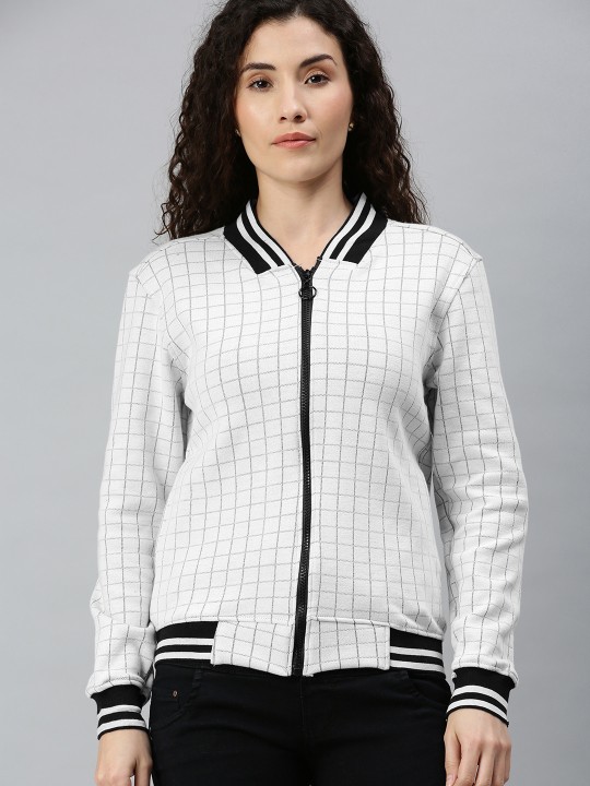 Campus Sutra Women Grey & Black Checked Front Open Sweatshirt