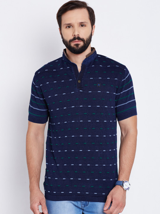 Men Navy Striped Mandarin Collar T Shirt L Desertcart Senegal - Main Image