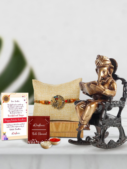 eCraftIndia Gold-Toned Lord Ganesha Idol Rakhi Gift Set