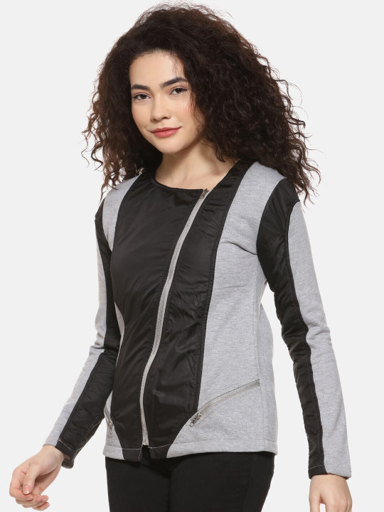 Campus Sutra Women Grey Colourblocked Sporty Jacket