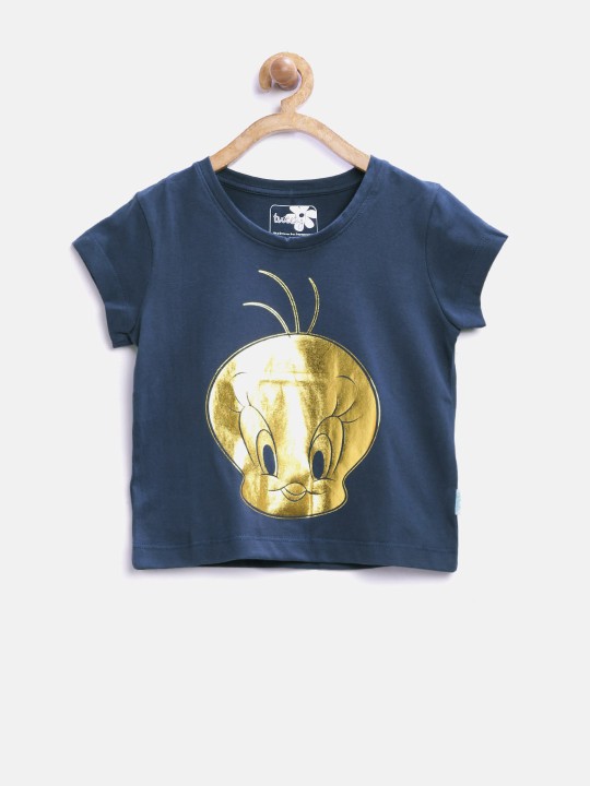 Girls Navy Printed Round Neck T-shirt 2-3Y