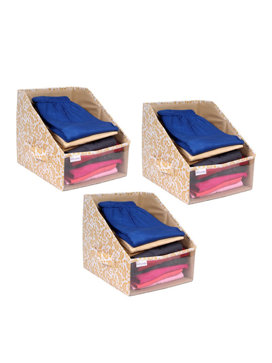 prettykrafts Set of 3 Beige & White Printed Leggings Stacker Closet Organiser