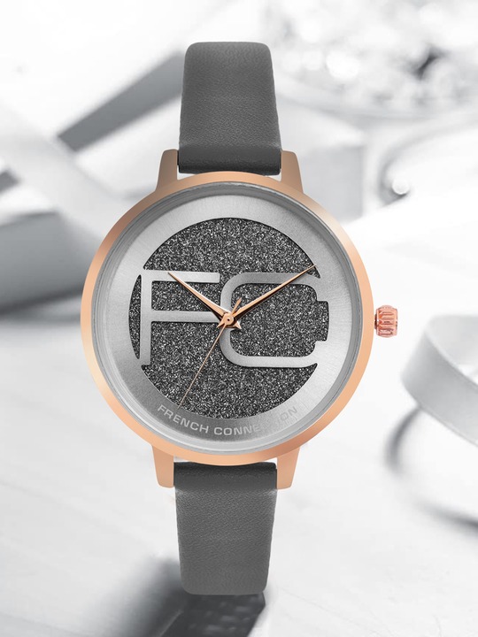 French Connection Women Grey Embellished Dial & Grey Leather Straps Analogue Watch