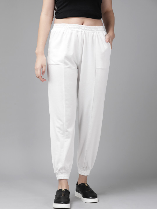 Roadster Women White Solid Straight Fit Cropped Joggers