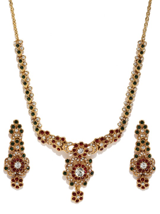 24KT Gold-Plated Green & Maroon Stone-Studded Jewellery Set