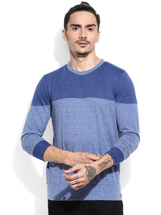 Campus Sutra Men Blue Colourblock Round Neck T-shirt