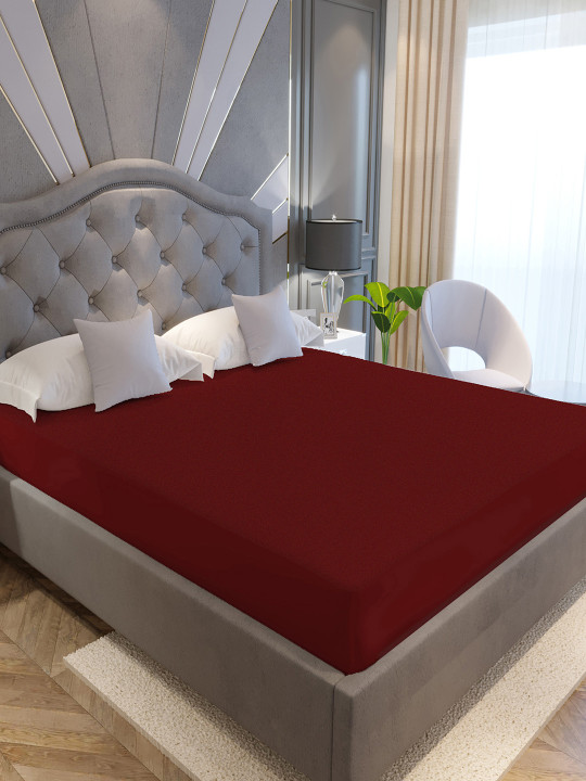LA VERNE Maroon Solid King Size Cotton Terry Waterproof Mattress Protector