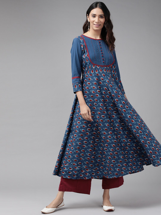 YASH GALLERY Women Navy Blue & Maroon Ethnic Motifs Printed Cotton Indigo Kurta