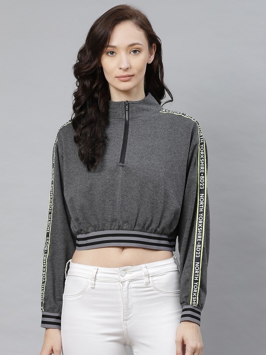 Hubberholme Women Charcoal Grey Solid Cropped Sweatshirt