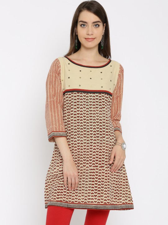 Beige & Red Printed Kurti