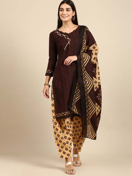 Rajnandini Brown & Beige Printed Unstitched Dress Material