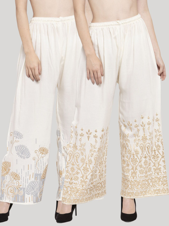 Clora Creation Women Pack Of 2 White & Gold-Toned Floral Printed Knitted Ethnic Palazzos