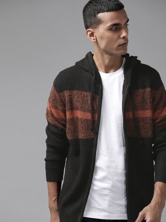Roadster Men Black & Orange Striped Hooded Cardigan